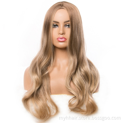 Long Wavy Ombre Blonde Wigs Brown Mix Color,Synthetic Wigs For Women Natural Middle Part Wig Hair